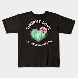 The Beauty of Thorny Love Blooming, love, cactus, heart, pink flower, nature, art, unique design, thorny beauty, strong feelings, romantic gift, expression of love, botanical art, resilience Kids T-Shirt